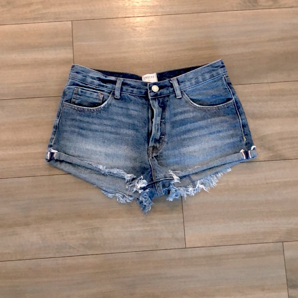 Twelve Medium Wash Button Fly Denim Shorts